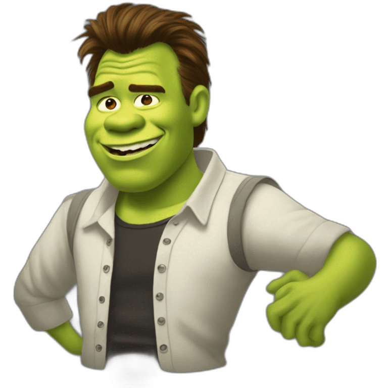 Shrek as rick astley doing the rickroll emoji