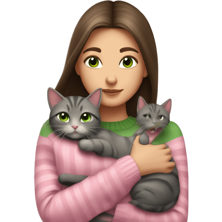 Brunette girl with long hair and green eyes in a pink sweater hugs a gray striped cat. The cat has brown eyes emoji