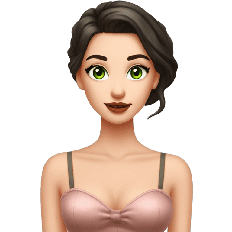 beautiful girl with high cheek bones orange blush, long straight shiny dark brown hair, big green eyes and big pale pink lips. Long thick eyelashes. Wearing a cream bustier.  She is smirking emoji