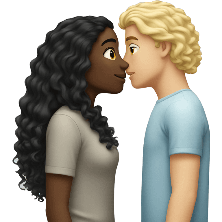 Blonde straight hair girl kisses man black curly hair  emoji