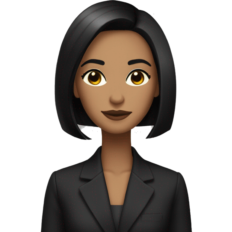 straight, dark shoulder-length hair styled in a sleek bob, brown eyes with prominent eyelashes,. Her attire includes a dark blazer over a black top emoji