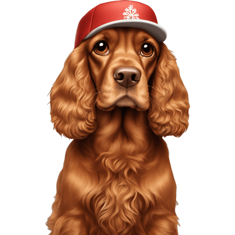 A full-length, adult, red cocker spaniel in a New Year's cap, siting emoji