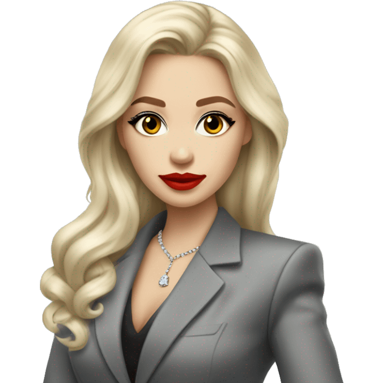 Russian Blonde long hair with big red lips small nose and black eyes Tiffany diamond seller in a grey suit emoji