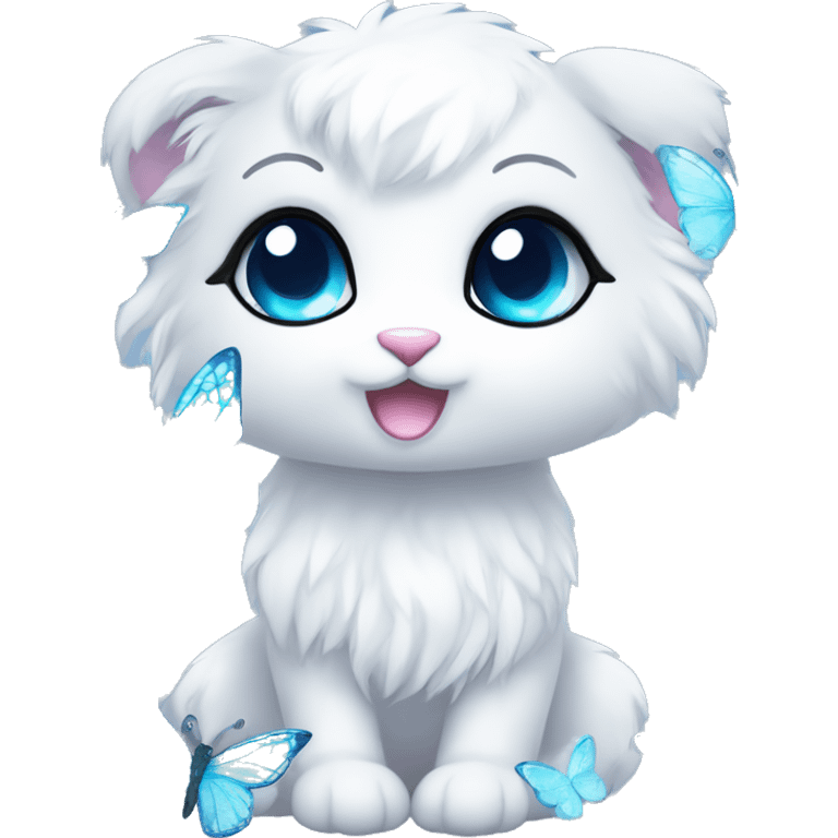 Edgy Cute Cool Kawaii gorgeous sparkly ethereal white fantasy animal with blue eyes sona with flowers and butterflies emoji