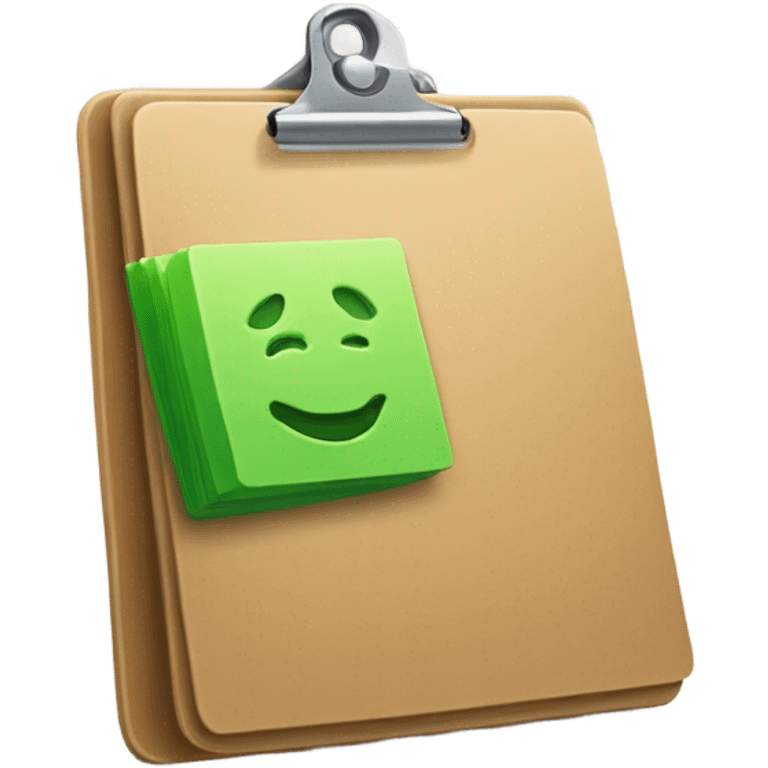 Design a simple emoji-style icon that represents a catalog of items in stock. It should include a clipboard or checklist symbol, with a shopping bag or box, and use bright, inviting colors like green to signify availability. emoji