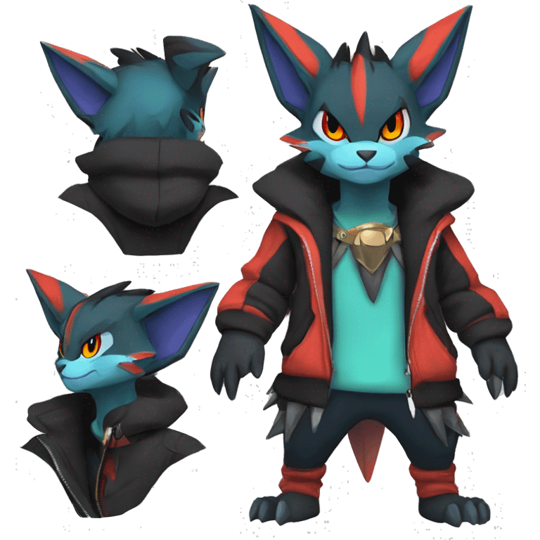 Cool Anthro Black Noivern-Quilava-Litten-Pokémon with edgy stripes hoodie spiked collar punk Full Body emoji