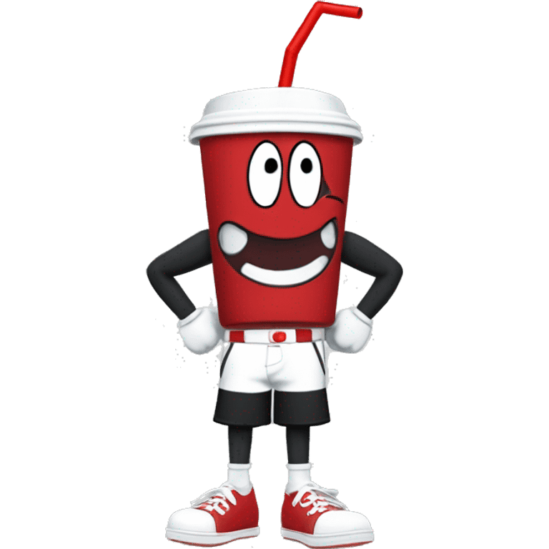 The character made from MDR studios called Cuphead.He has a cup for a head and a red and white straw on top.Black torso and arms .his hands are white.He wears red shorts and he has black legs.And his shoes are white. emoji