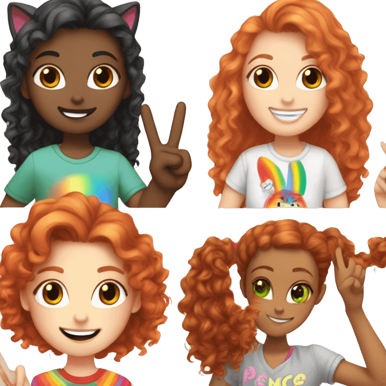 a white girl with long red curly hair in a pony tail with rainbow shirt does peace sign wearing cat ears one black other white emoji