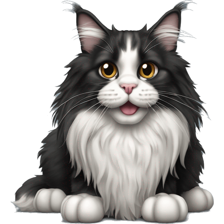 black and white maine coon cat with tongue hanging out and bulging eyes and paws standing on the floor emoji