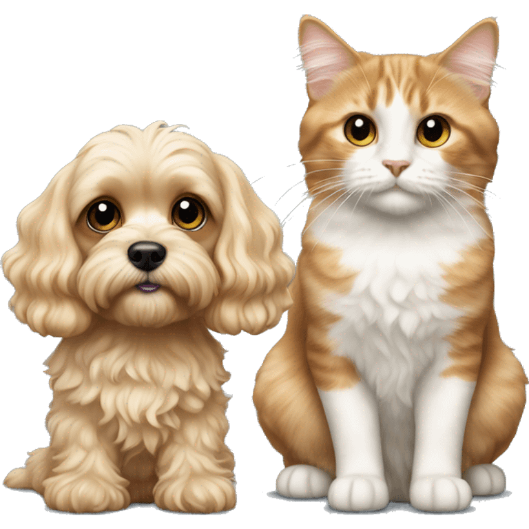 blonde cavapoo next to calico cat emoji