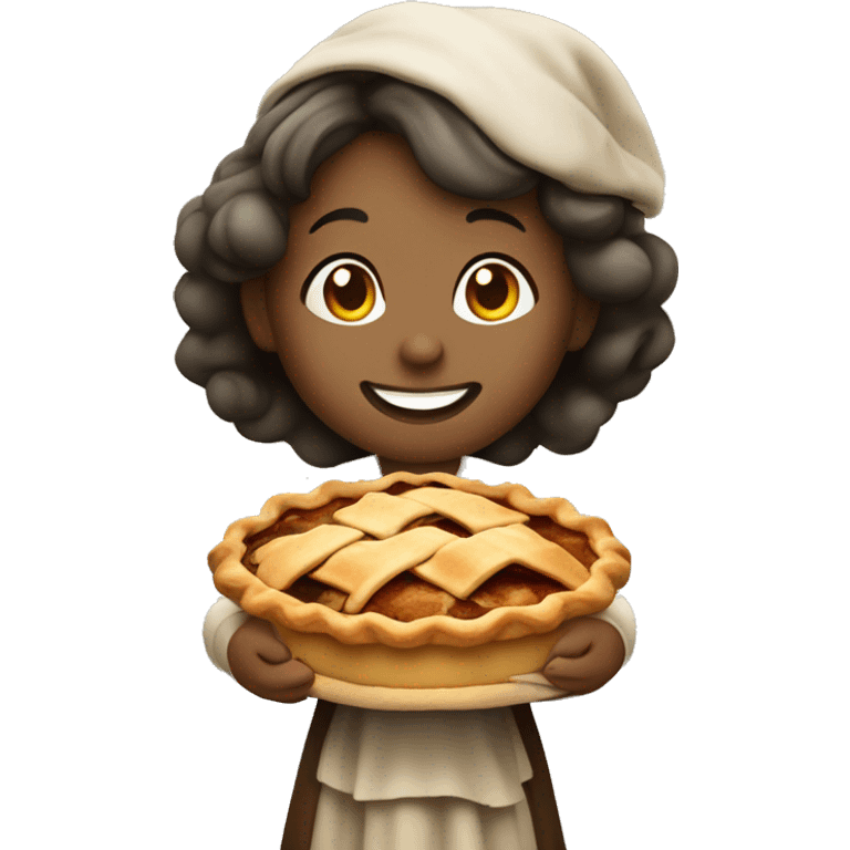 A cute pilgrim girl holding a steaming apple pie with a proud smile. emoji