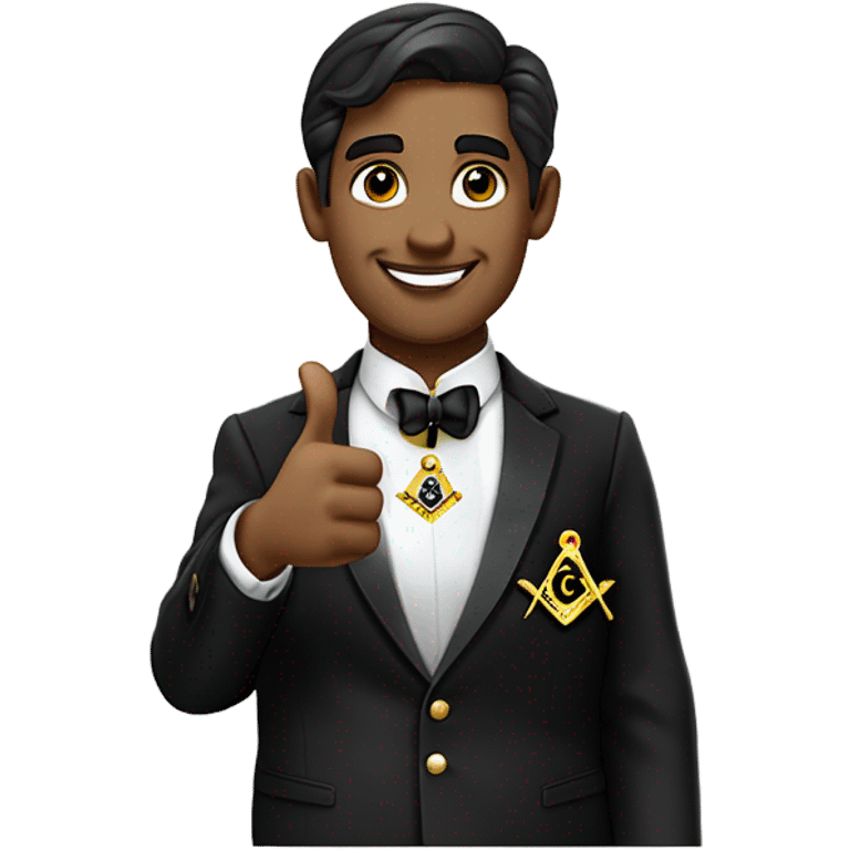 Modern English FREEMASON wearing black lounge suit jacket and Masonic Jewel and Apron. Show him giving a thumbs up emoji