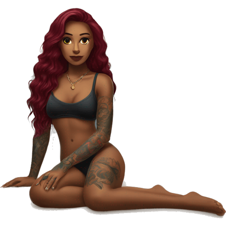 Beautiful tattooed burgundy long haired woman laying on the beach emoji