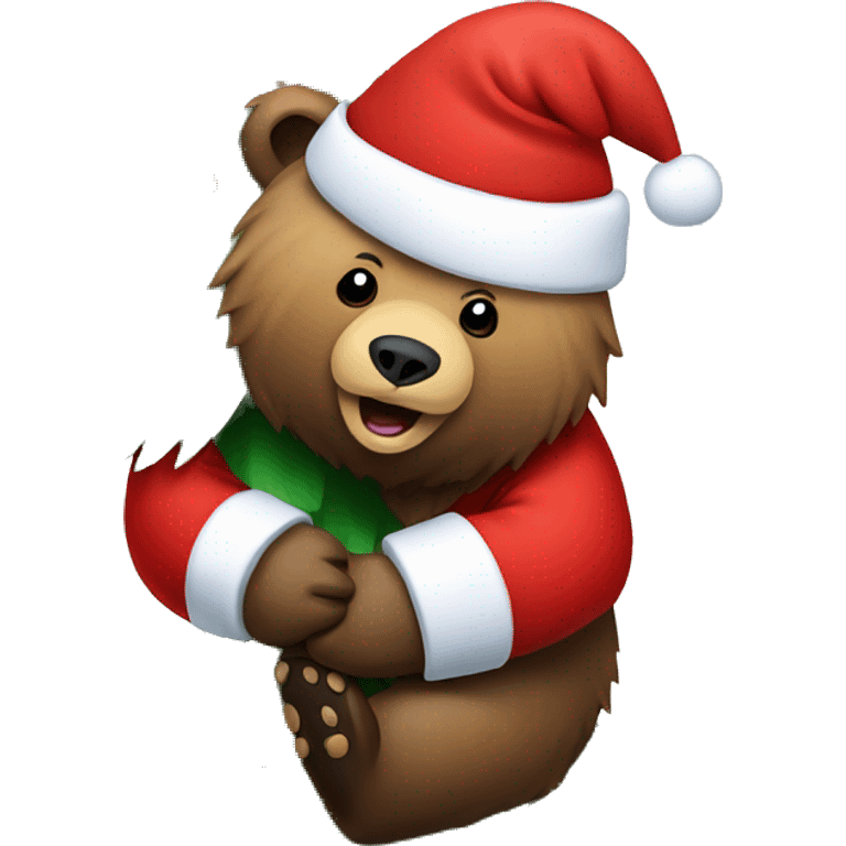 grizzly bear with a santa hat climbing a christmas tree emoji