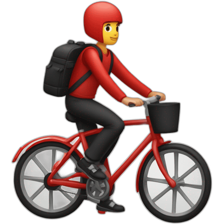 Garçon en tenue rouge sur un vélo noir vélo avec un sac tout rouge cubique, emoji