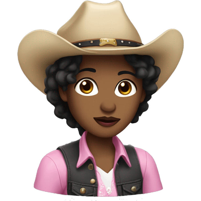 straight black hair,pink lipstick,hazel eyes, white skin, a small nose and a cowboy hat  emoji