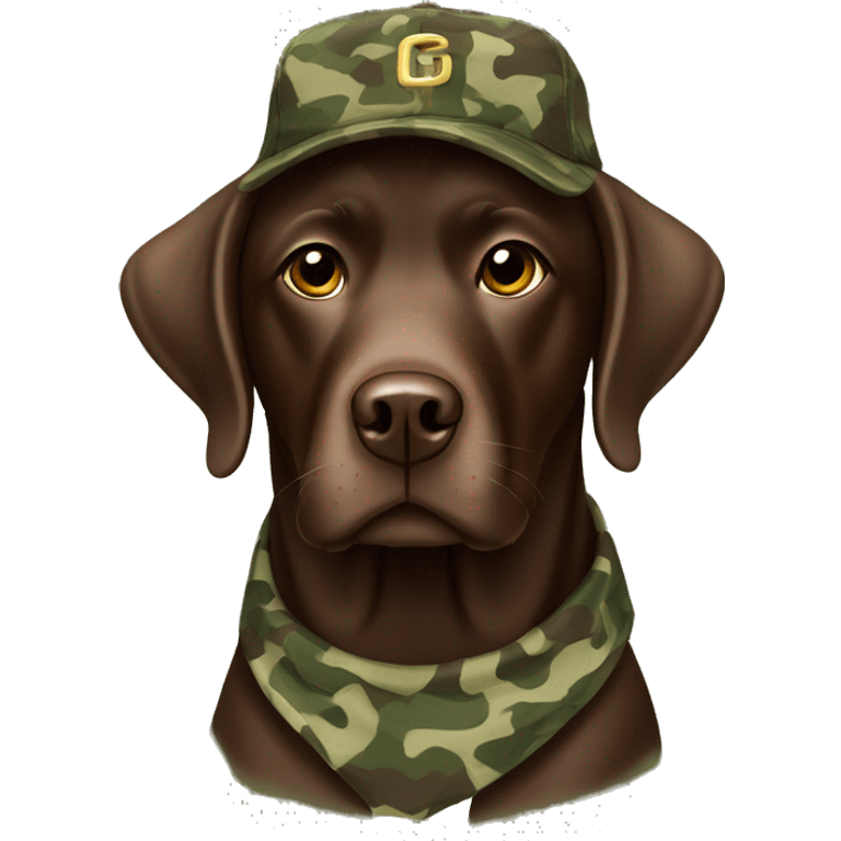 Chocolate Labrador wearing a camo hat emoji