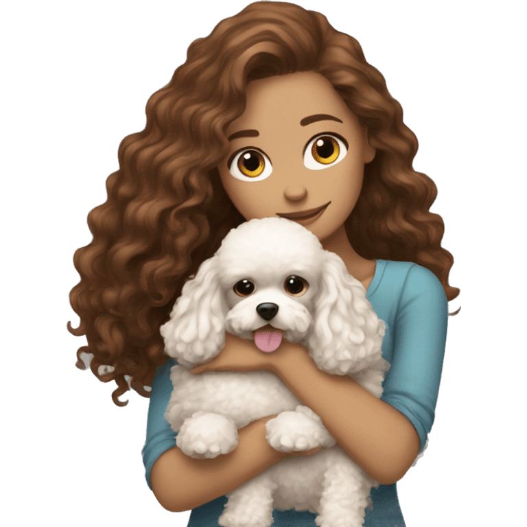 Beautiful long Brown hair white girl hugging a toy poodle emoji