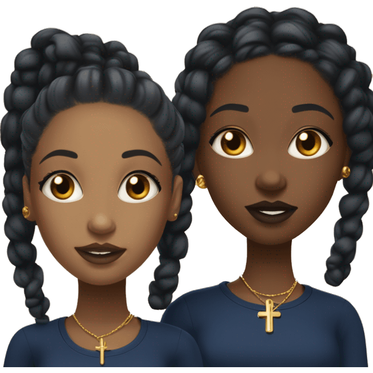 two black teenage twin girls with black braids that have curly ends and with navy blue tops and gold earrings and gold cross necklaces and some lipgloss and lip liner emoji