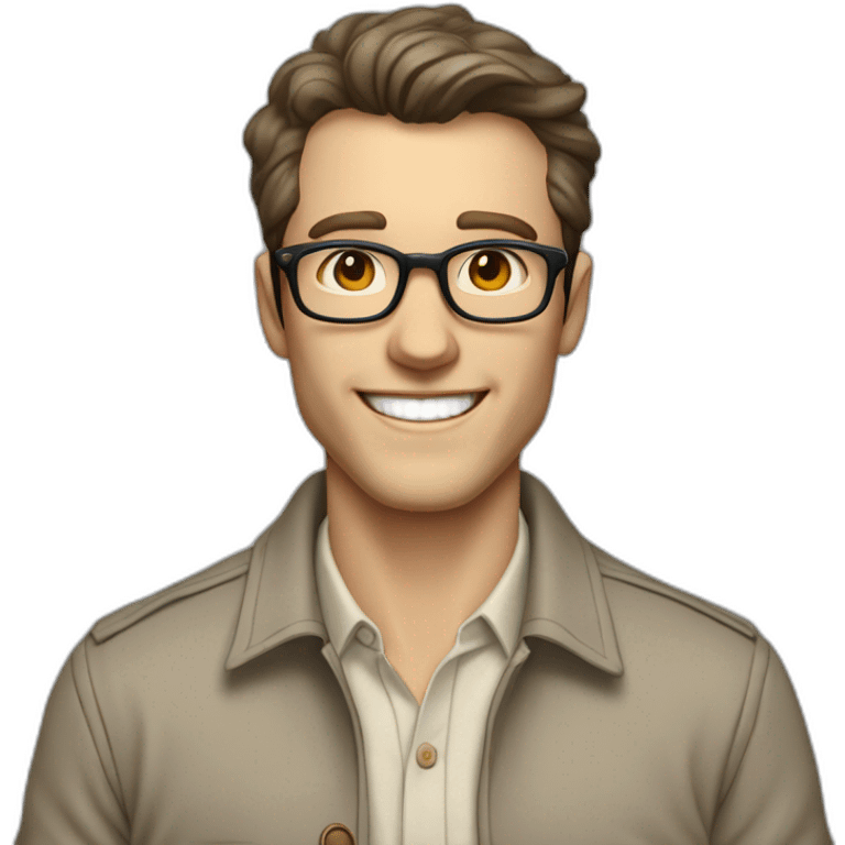 Joyful Pale skinned Fit Man With dark brown hair in gray jacket, beige office shirt, Brown pants and vintage glasses. His thrumbs up emoji