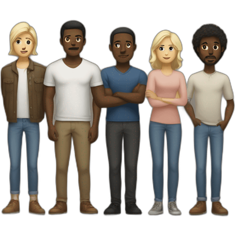 six dark-skinned men stand behind a pale blonde woman emoji