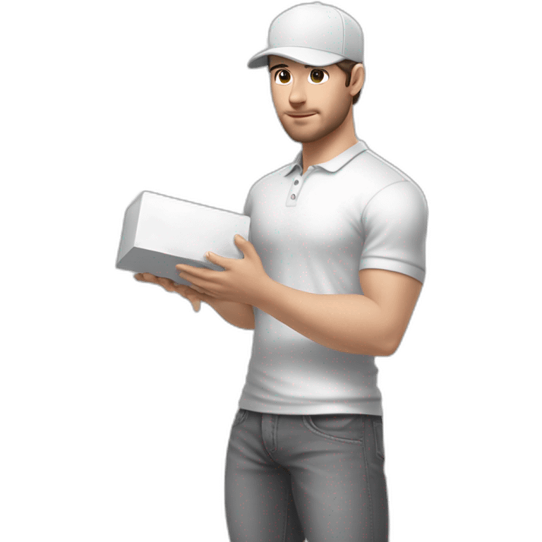 Pale skinned fit Man with dark brown hair in a white cap, gray jeans and gray polo T-shirt keeping a pasted with tape white box into his hands emoji