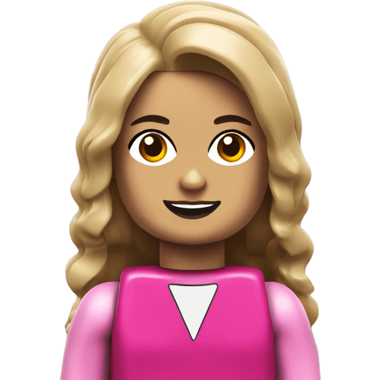 A lego woman, long hair, and dressed in pink, smiling emoji