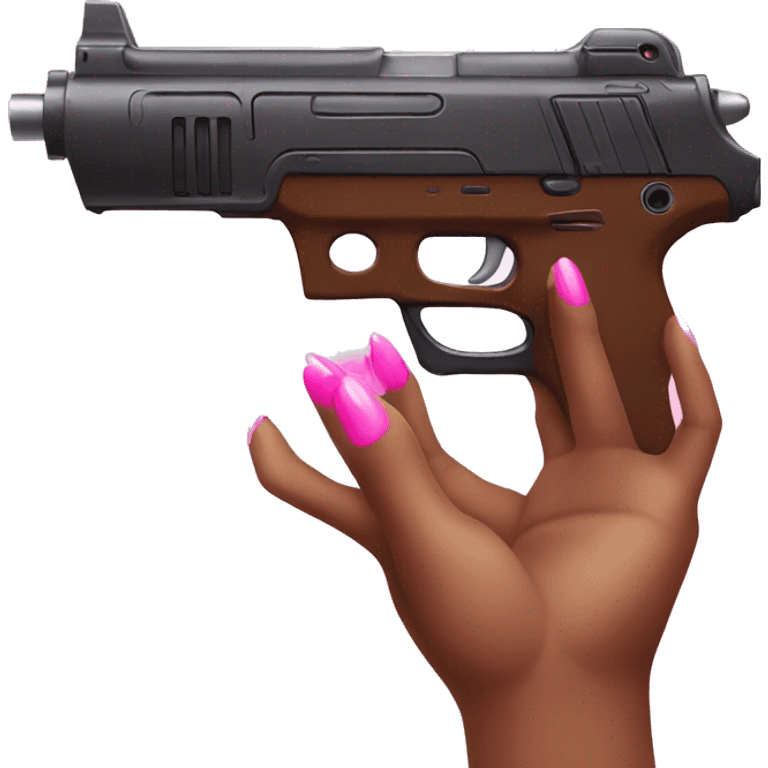 brown hand with pink nails holding large scary dark nerf gun emoji