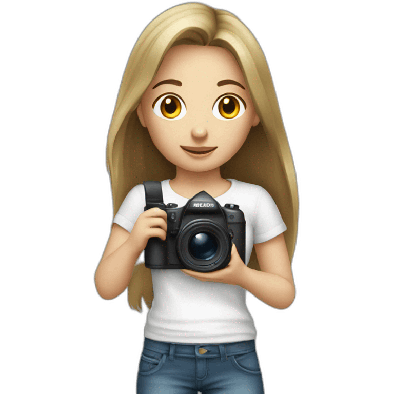 young very dark blond hair girl with camera and white T-shirt emoji