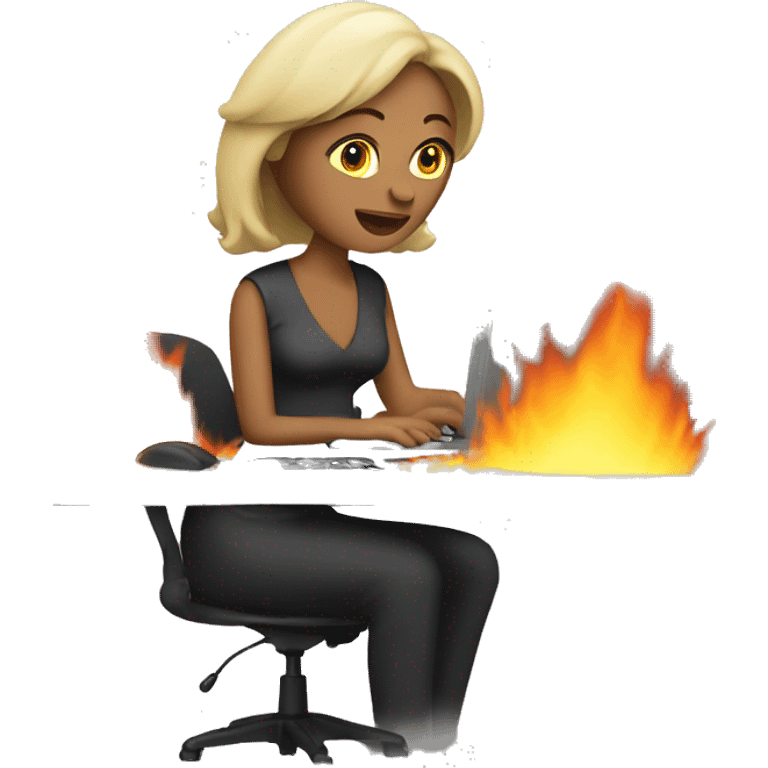 Woman at work on computer on fire emoji