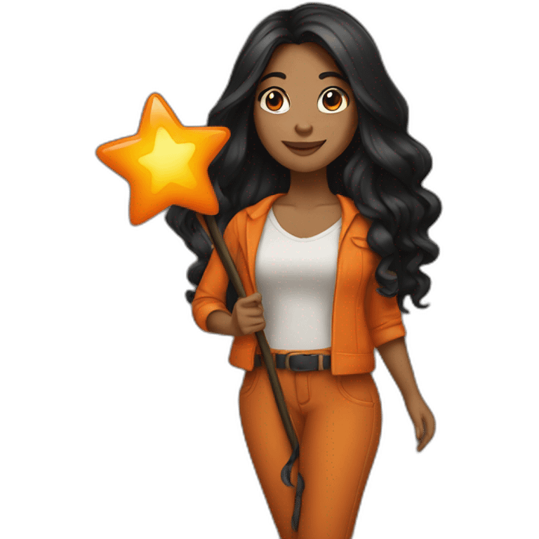 brown woman holding a orange star wand long black hair full length emoji