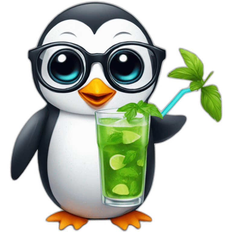 baby penguin with big glasses drinking mojito emoji