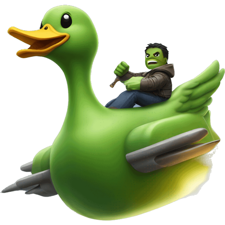 a duck that looks like hulk riding a rocketsh emoji