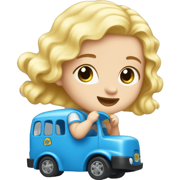 Baby Blonde hair blue eye playing with toy bus emoji