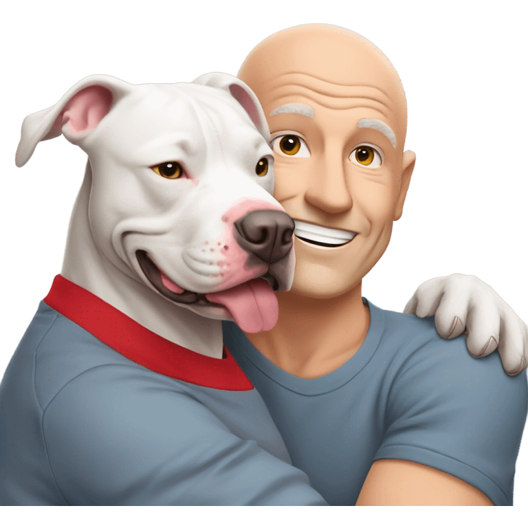 large gray male pit bull smiling and hugging bald white mature man no beard with red tshirt emoji