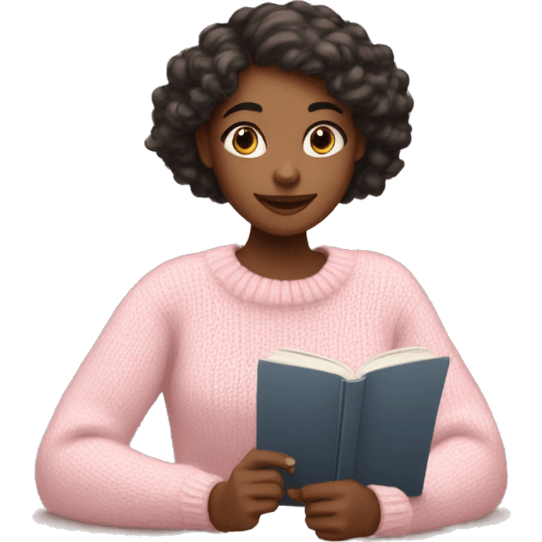 Pretty girl with light pink sweater reading cozy emoji