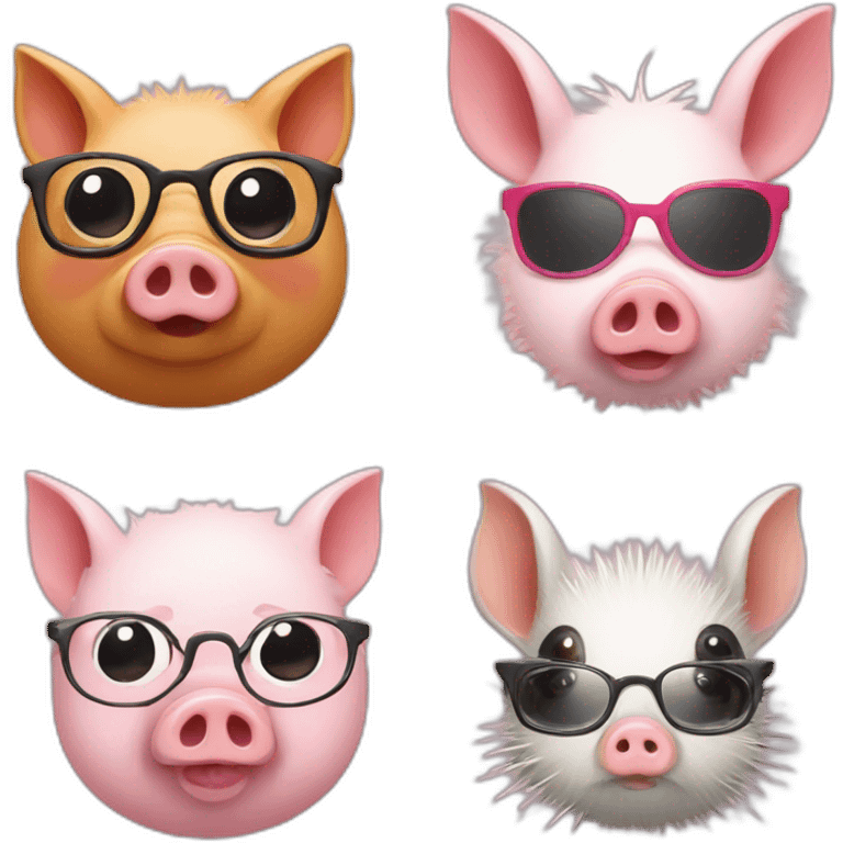 Piggy and little pig with glasses and rabbit and porcupine emoji