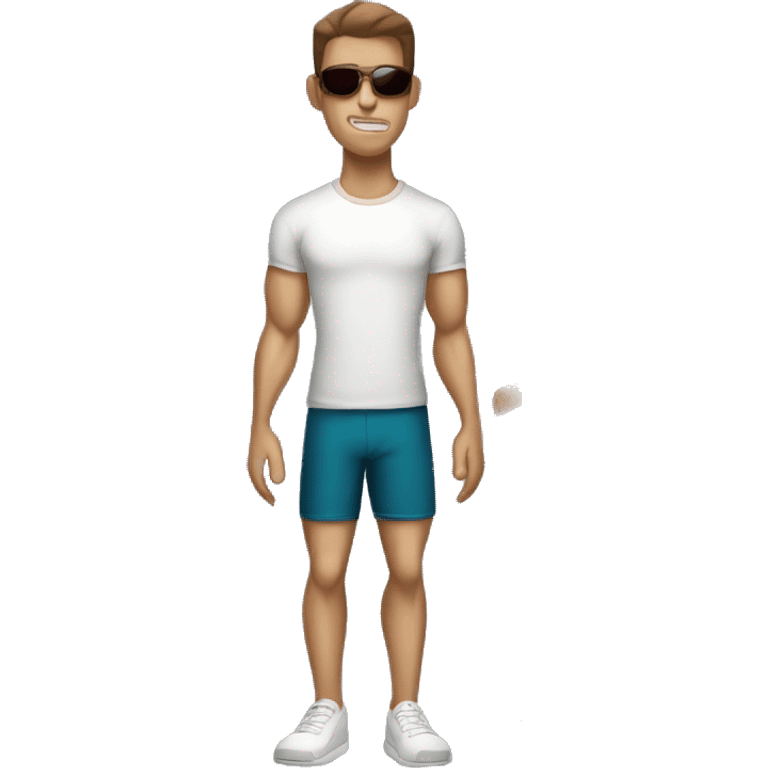 Muscular skinny male with sunglasses, short brown hair, in a tee shirt and gym shorts  emoji