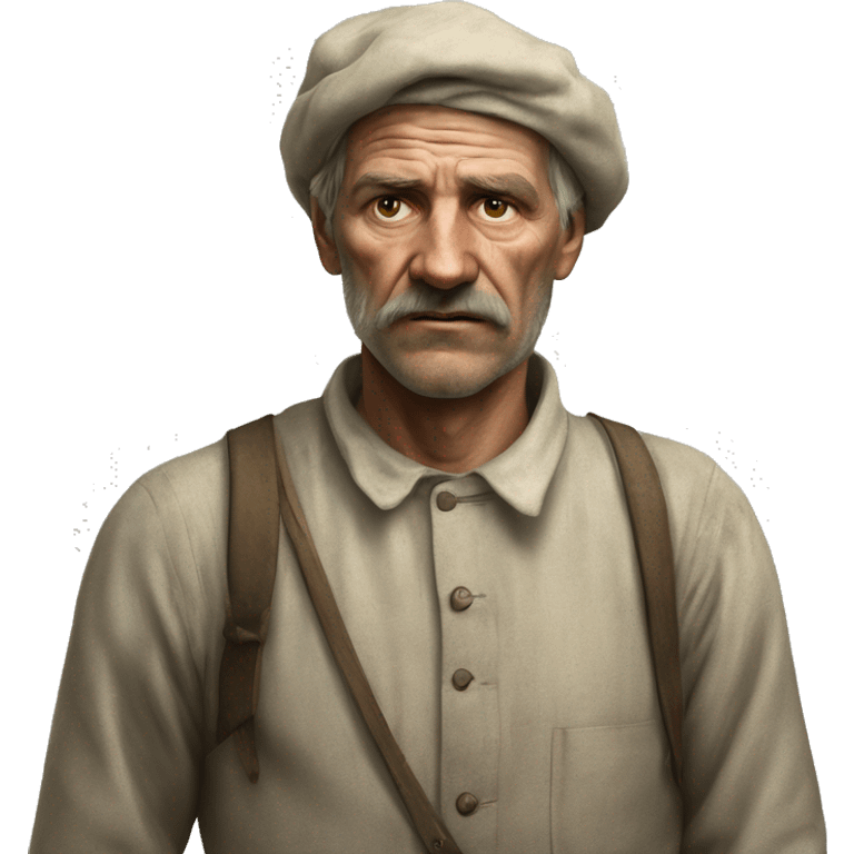 peasant in an old shirt during the 1917 revolution in russia photorealistic serious emoji