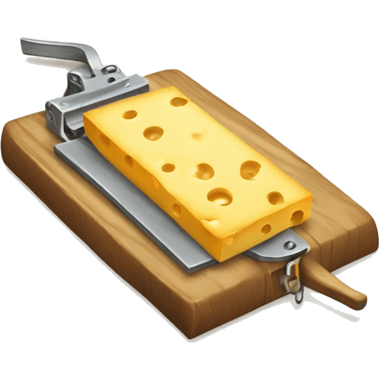 A mousetrap with a piece of cheese on it. The mousetrap should be classic wooden style, with the cheese placed on the trigger mechanism. The cheese should be a small, yellow wedge. emoji