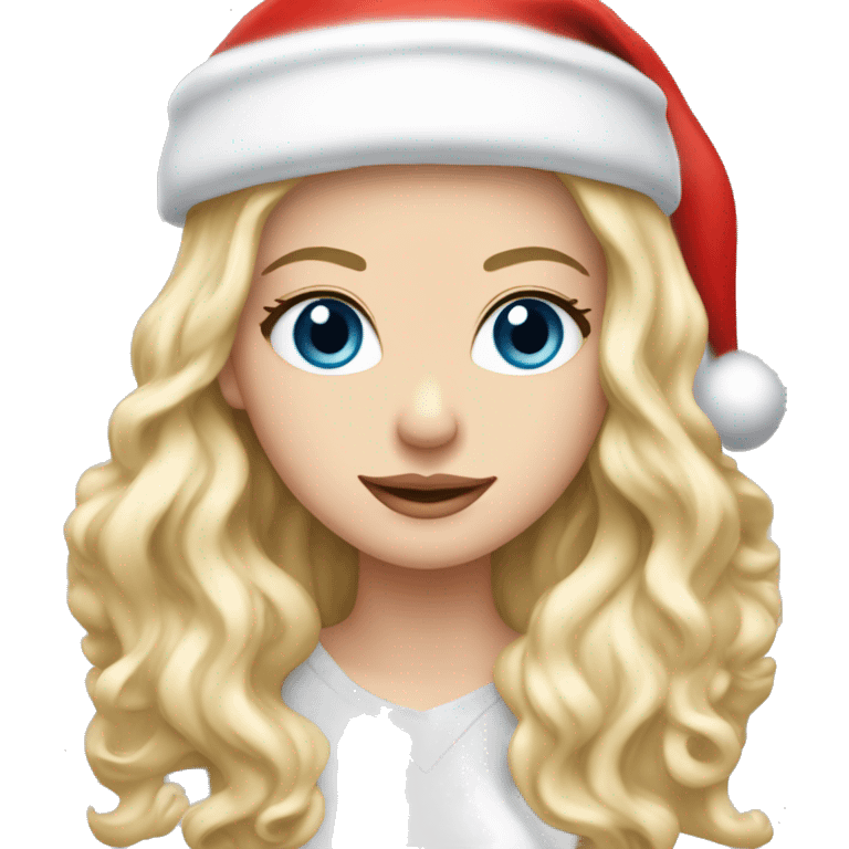 Pretty blue eyed white girl with blonde long wave hair with a santa claus hat emoji