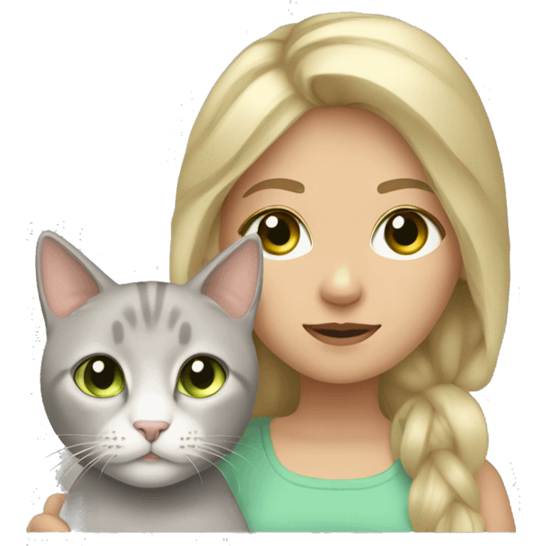 Girl with blonde hair and hazel eyes holding a grey cat with light green eyes emoji