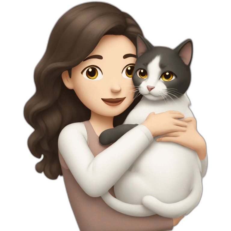 brunette woman hugging a white cat emoji