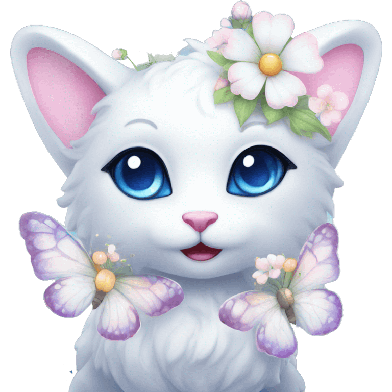 Edgy Cute Cool Kawaii gorgeous sparkly ethereal white fantasy animal with blue eyes sona with flowers and butterflies emoji