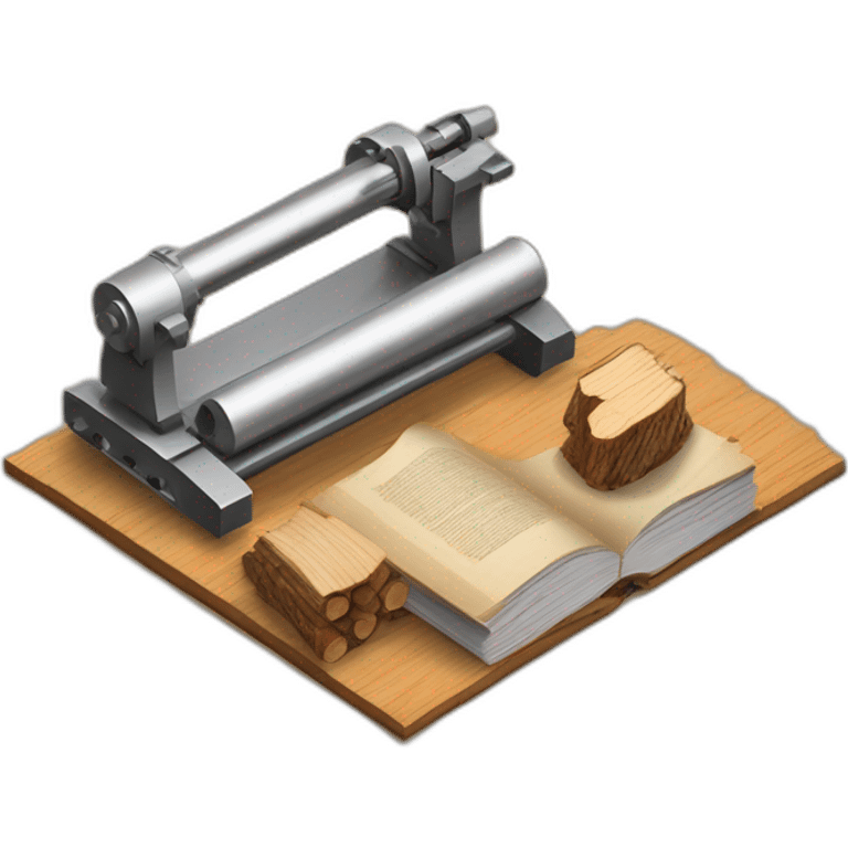 isometric BOOK with picture of wood logs, metal rods, fabric, cnc machine emoji