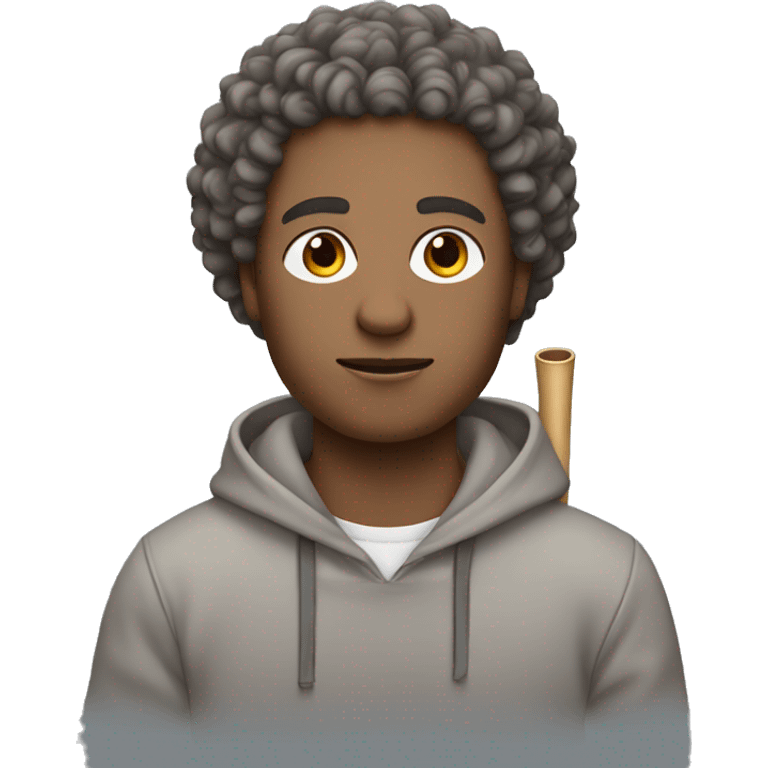 Flute+man with curly hair, wearing a grey hoodie+light brown skin+ emoji