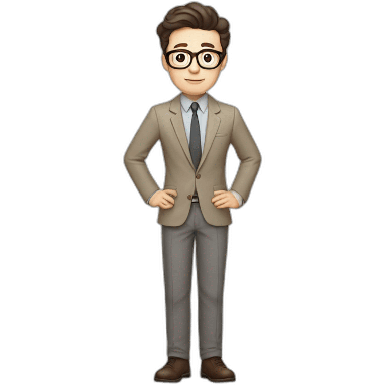 Full height Pale skinned Fit Man With dark brown hair in gray jacket, beige office shirt, tie, Brown pants and vintage glasses. Thrumbs of his palms directed up emoji