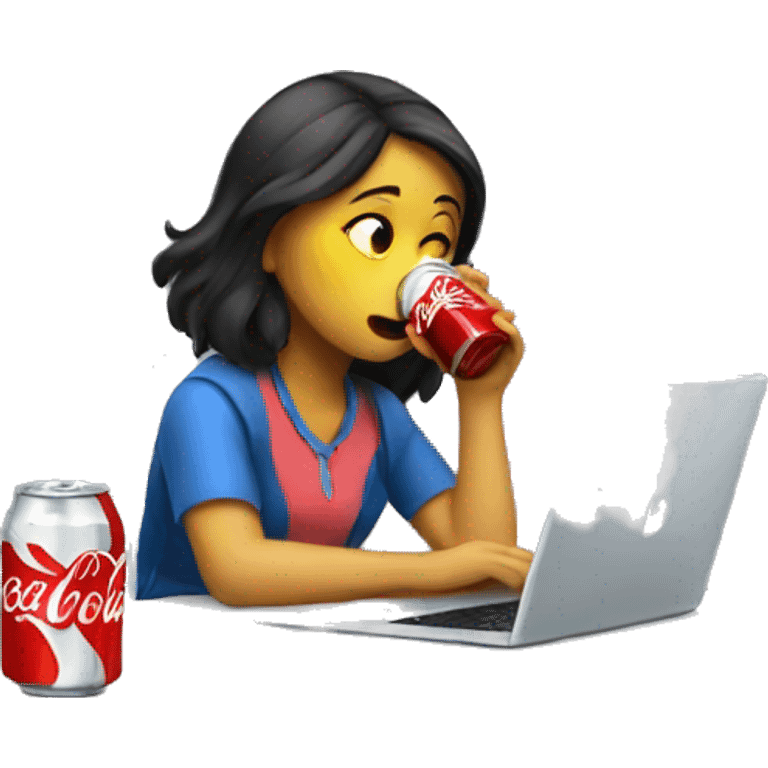 tired girl with laptop drinking coca-cola emoji