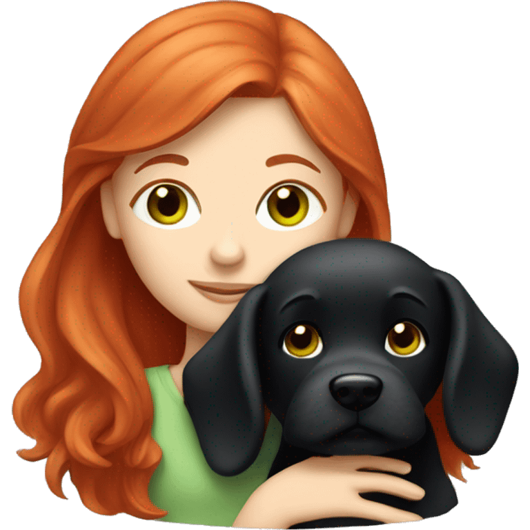 red-haired girl with green eyes, sleep with a maltese black dog emoji