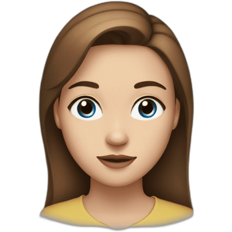 young woman with long brown hair, blue almond-shaped eyes, thin eyebrows and earring emoji